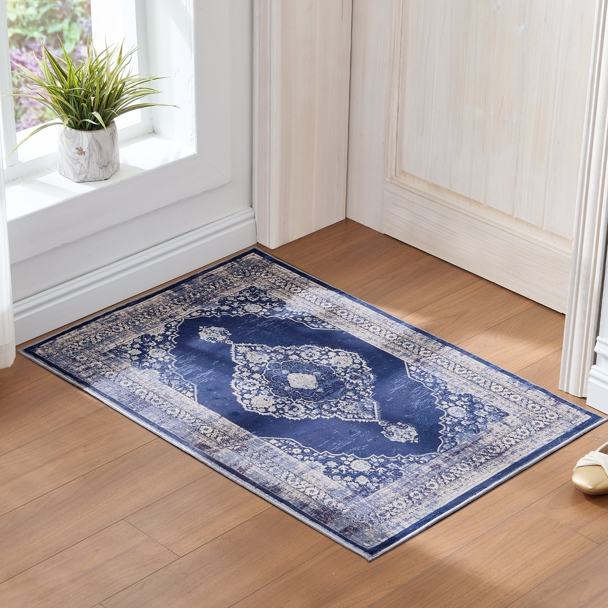 Cocosity 2'x3' Persian Washable Blue Door Mat for Door Entrance Entryway
